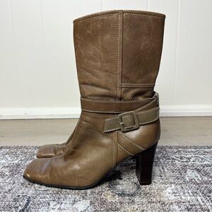 Vintage 90s Y2K Nine West Tan Brown Leather Chunky Heel Boots Size 6 Square Toe